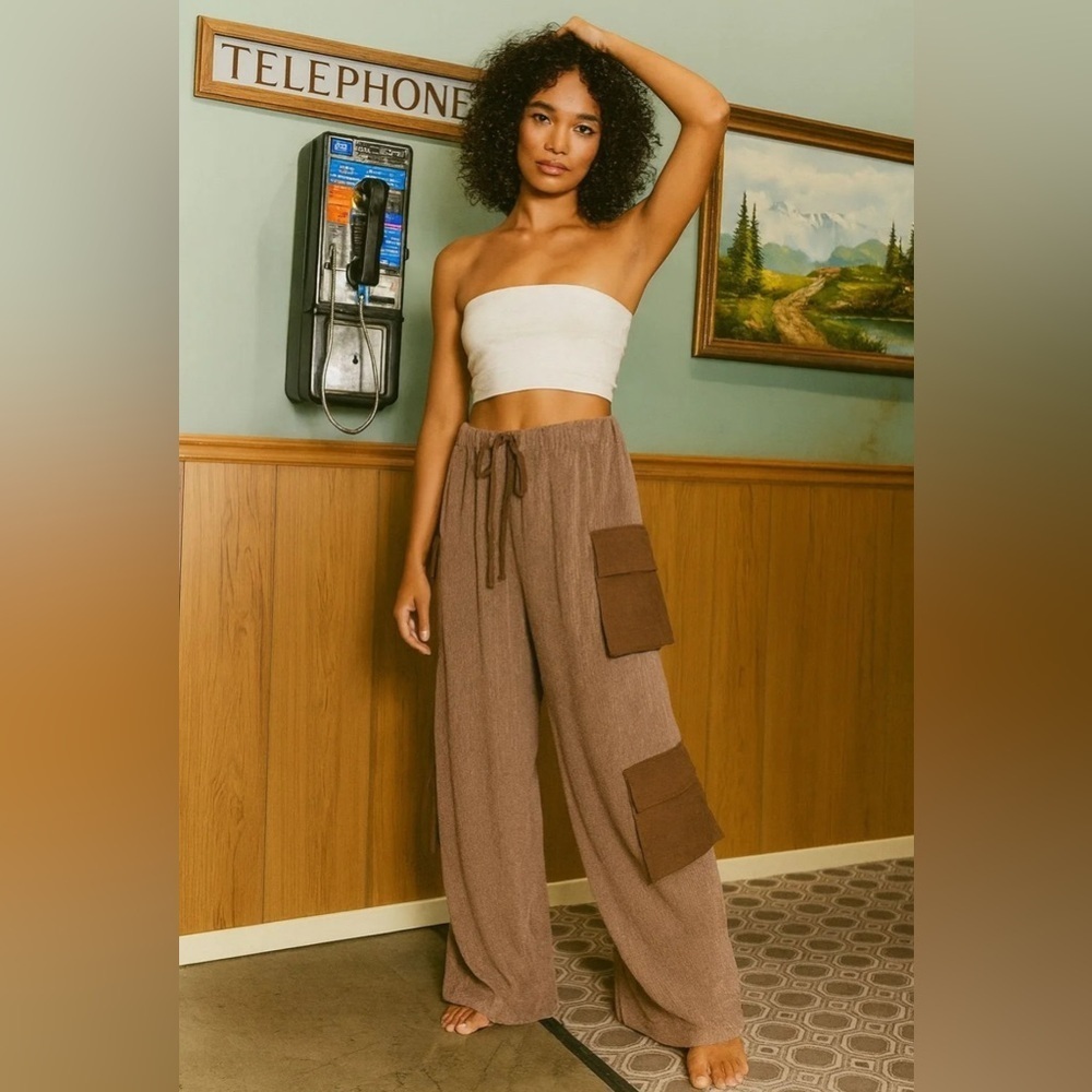 Brown Wide-Leg Pants with Pockets - Picture 1 of 2